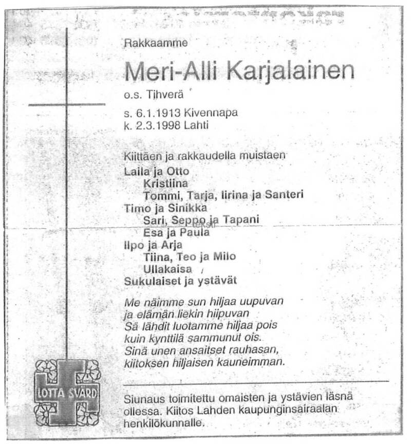 Meri-Allin kuolinilmoitus