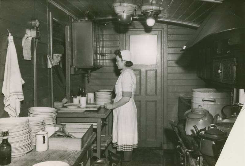 Work Site Maintenance kitchen in a train car in 1945.