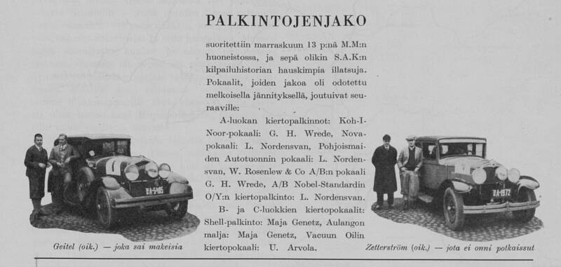 Uutinen autokilpailun voittajista 1.11.1930.