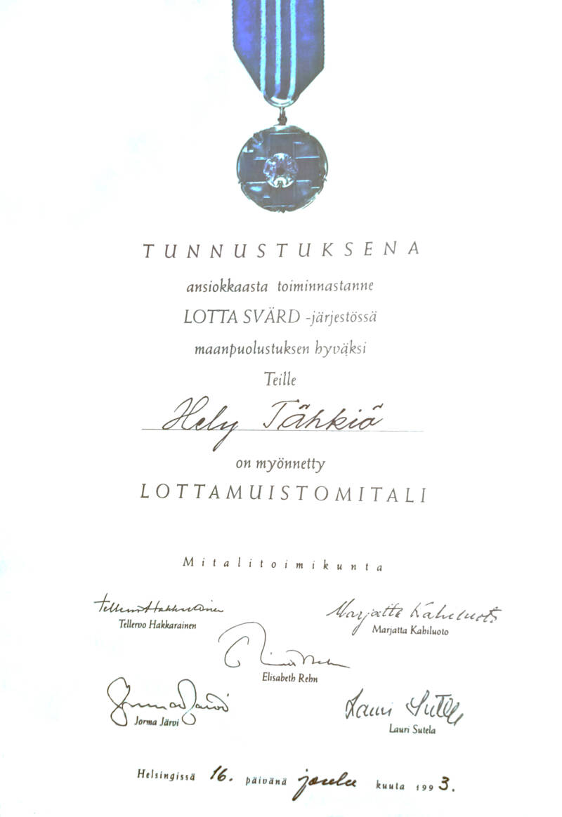 Helyn lottamuistomitalin tunnustus