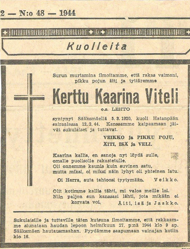 Kaarina Vitelin kuolinilmoitus